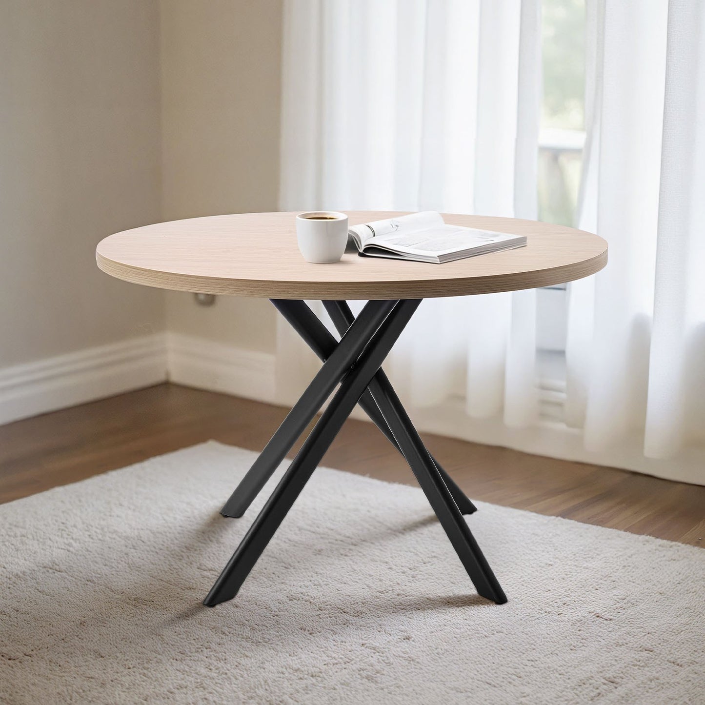 5-Piece Dining Table Set, Space-Saving Round Kitchen Table with 4 Upholstered Orange Chairs, PU Leather Cushions, Modern Wood-Tone Desk with Adjustable Foot Pads for Dining Room, Small Spaces