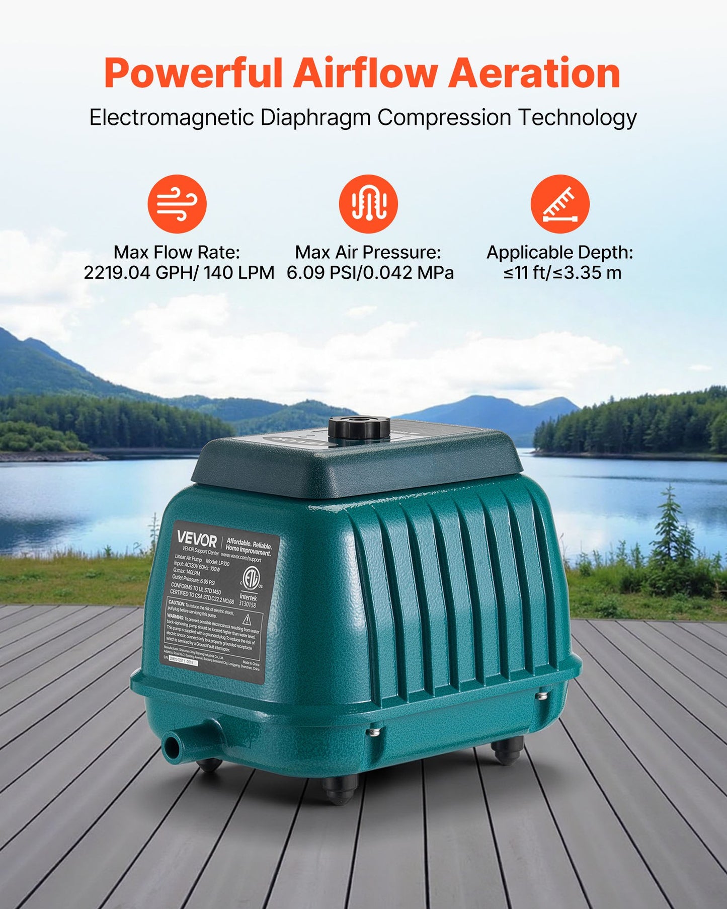 Linear Air Pump, 2219.04 GPH Air Flow, Septic Aerator Pump, Aeration System for 11 ft Deep Ponds, Fit for Septic Tanks, Aquariums, Waste Treatment, Seafood Restaurants, Fish Farms, Hydroponics