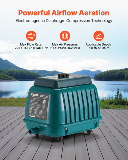 Linear Air Pump, 2219.04 GPH Air Flow, Septic Aerator Pump, Aeration System for 11 ft Deep Ponds, Fit for Septic Tanks, Aquariums, Waste Treatment, Seafood Restaurants, Fish Farms, Hydroponics
