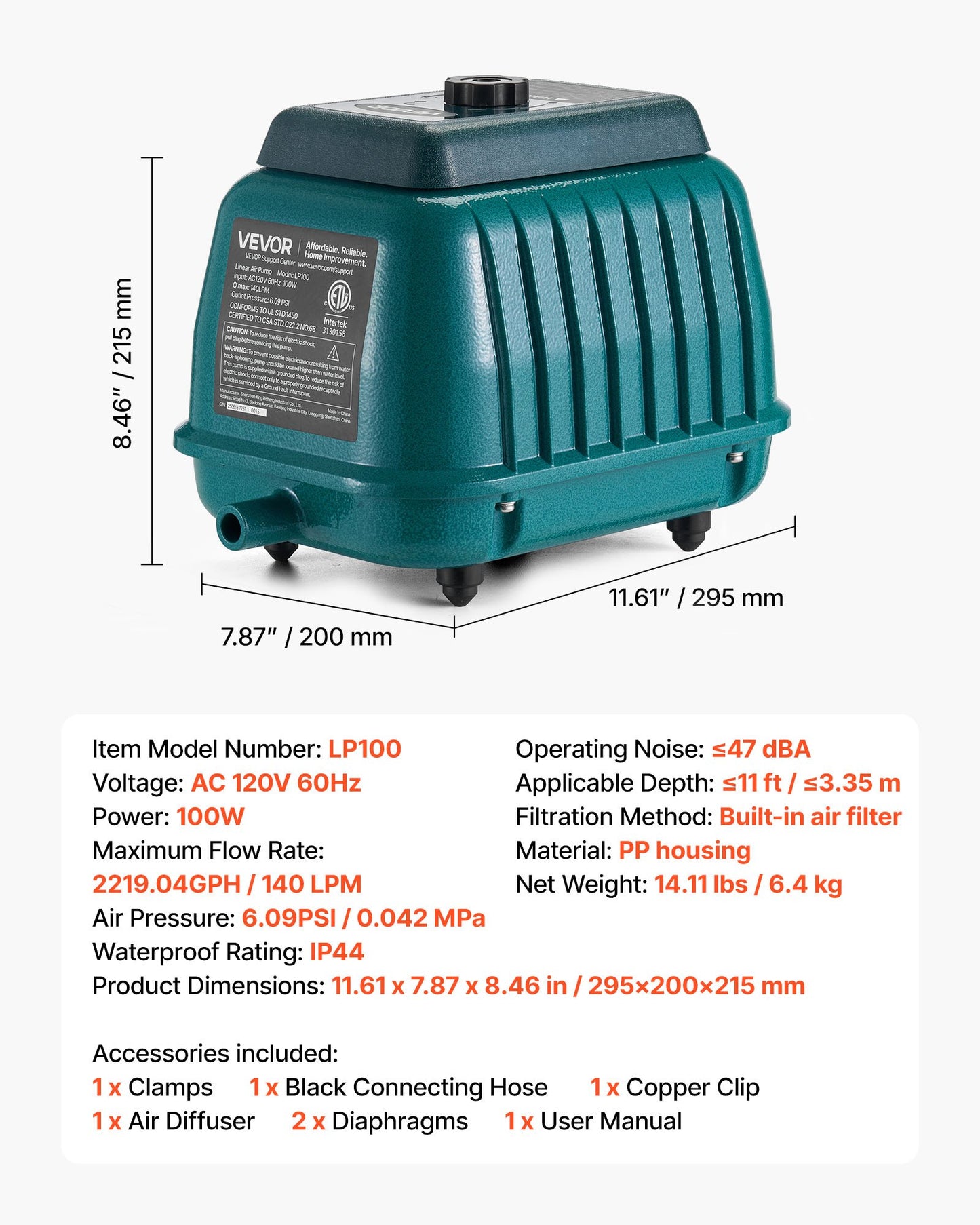Linear Air Pump, 2219.04 GPH Air Flow, Septic Aerator Pump, Aeration System for 11 ft Deep Ponds, Fit for Septic Tanks, Aquariums, Waste Treatment, Seafood Restaurants, Fish Farms, Hydroponics