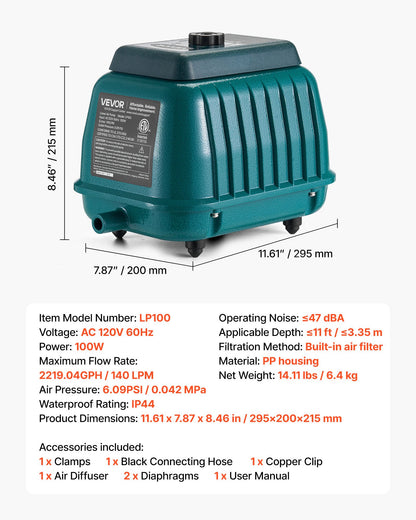 Linear Air Pump, 2219.04 GPH Air Flow, Septic Aerator Pump, Aeration System for 11 ft Deep Ponds, Fit for Septic Tanks, Aquariums, Waste Treatment, Seafood Restaurants, Fish Farms, Hydroponics