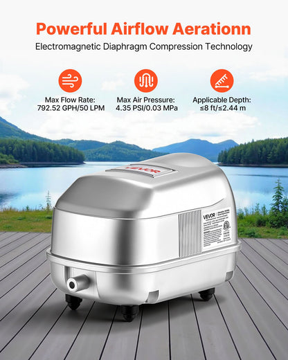 Linear Air Pump, 792.52 GPH Air Flow, Septic Aerator Pump, Aeration System for 8 ft Deep Ponds, Fit for Septic Tanks, Aquariums, Waste Treatment, Seafood Restaurants, Fish Farms, Hydroponics