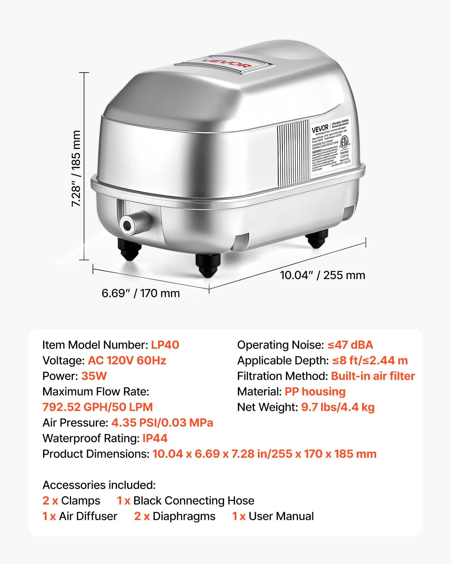 Linear Air Pump, 792.52 GPH Air Flow, Septic Aerator Pump, Aeration System for 8 ft Deep Ponds, Fit for Septic Tanks, Aquariums, Waste Treatment, Seafood Restaurants, Fish Farms, Hydroponics