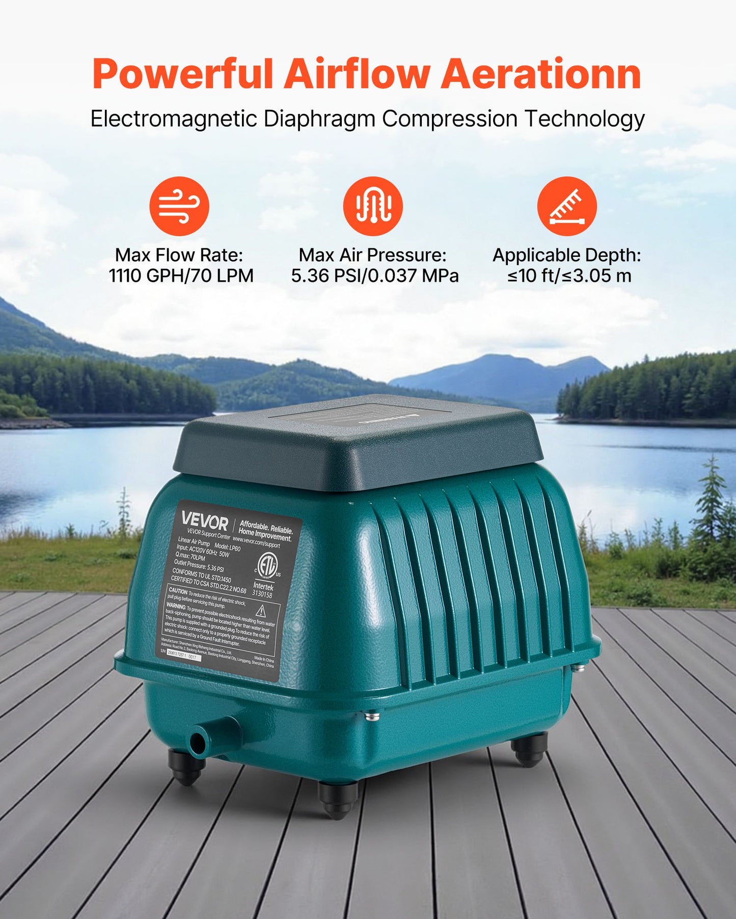 Linear Air Pump, 1110 GPH Air Flow, Septic Aerator Pump, Aeration System for 10 ft Deep Ponds, Fit for Septic Tanks, Aquariums, Waste Treatment, Seafood Restaurants, Fish Farms, Hydroponics