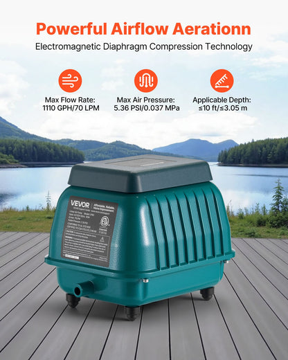 Linear Air Pump, 1110 GPH Air Flow, Septic Aerator Pump, Aeration System for 10 ft Deep Ponds, Fit for Septic Tanks, Aquariums, Waste Treatment, Seafood Restaurants, Fish Farms, Hydroponics
