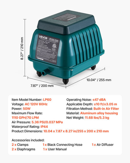 Linear Air Pump, 1110 GPH Air Flow, Septic Aerator Pump, Aeration System for 10 ft Deep Ponds, Fit for Septic Tanks, Aquariums, Waste Treatment, Seafood Restaurants, Fish Farms, Hydroponics