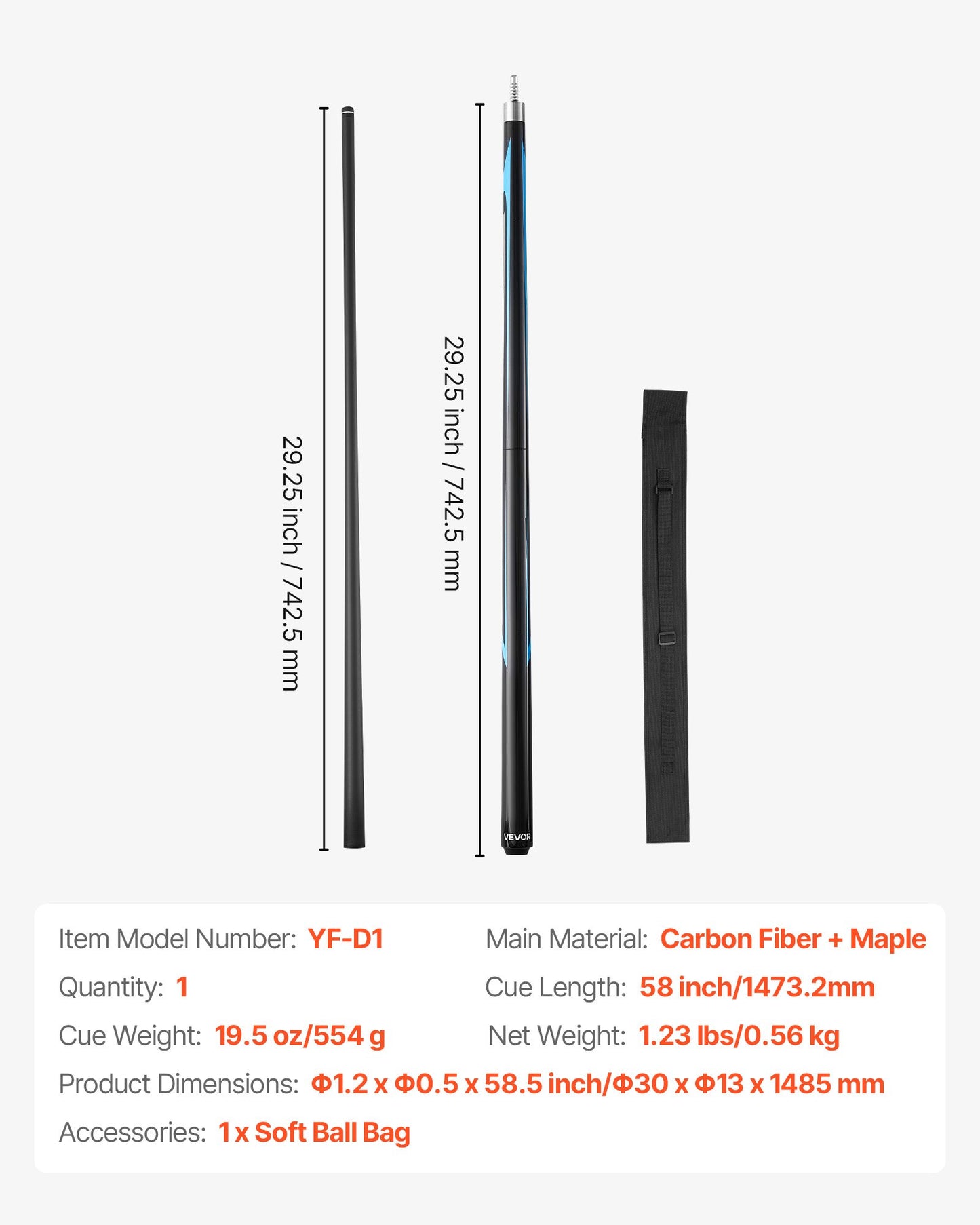 Pool Cue, 1 Piece Jump Break Cue, 58 inch & 19.5 oz Break Cues Pool Stick, Breaks Stick with Carbon Fiber Shaft & Maple Cues Butt, Heavy Hitter Breaks Jump Billiard Cue for Adult, Home, Office