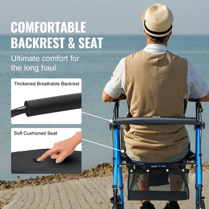 Rollator Walker für Senioren und Erwachsene, leichter, zusammenklappbarer Aluminiumrollstuhl mit verstellbarem Sitz und Griff, Rollator für den Außenbereich mit 8-Zoll-All-Terrain-Rädern, 300 Pfund Tragkraft