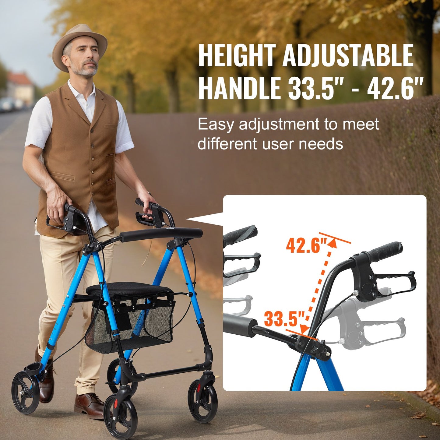 Rollator Walker for Seniors and Adult, Lightweight Aluminum Foldable Rolling Walker with Adjustable Seat and Handle, Outdoor Mobility Rollator Walker with 8" All Terrain Wheels, 300LBS Capacity