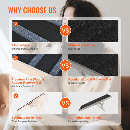 Dog Ramp, Foldable Pet Ramp for Bed, Adjustable Dog Ramp for Small, Large, Old Dogs and Cats, Wooden Pet Ramp with 39.3" Long Ramp, Adjustable from 15" to 22", Suitable for Sofa, Couch, Car