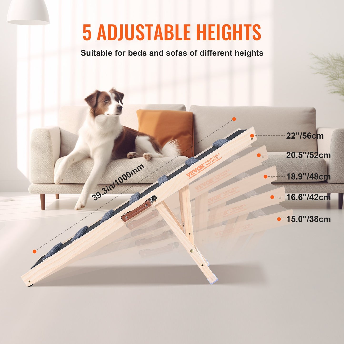 Dog Ramp, Foldable Pet Ramp for Bed, Adjustable Dog Ramp for Small, Large, Old Dogs and Cats, Wooden Pet Ramp with 39.3" Long Ramp, Adjustable from 15" to 22", Suitable for Sofa, Couch, Car