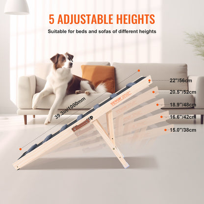 Dog Ramp, Foldable Pet Ramp for Bed, Adjustable Dog Ramp for Small, Large, Old Dogs and Cats, Wooden Pet Ramp with 39.3" Long Ramp, Adjustable from 15" to 22", Suitable for Sofa, Couch, Car