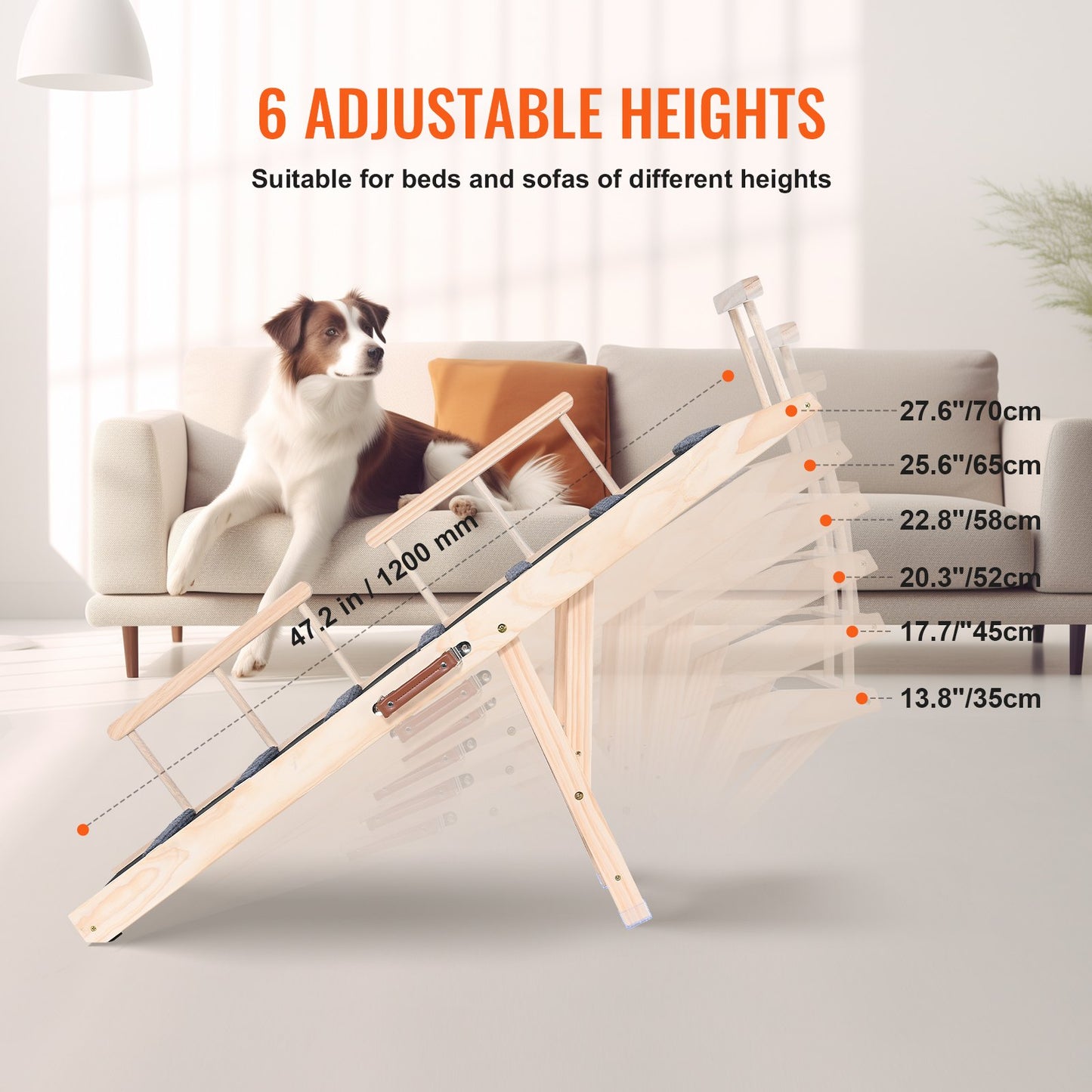Dog Ramp, Folding Pet Ramp for Bed, Adjustable Dog Ramp for Small, Large, Old Dogs & Cats, Wooden Pet Ramp with 47.2" Long Ramp, Adjustable from 13.8" to 27.6", Suitable for Couch, Sofa, Car