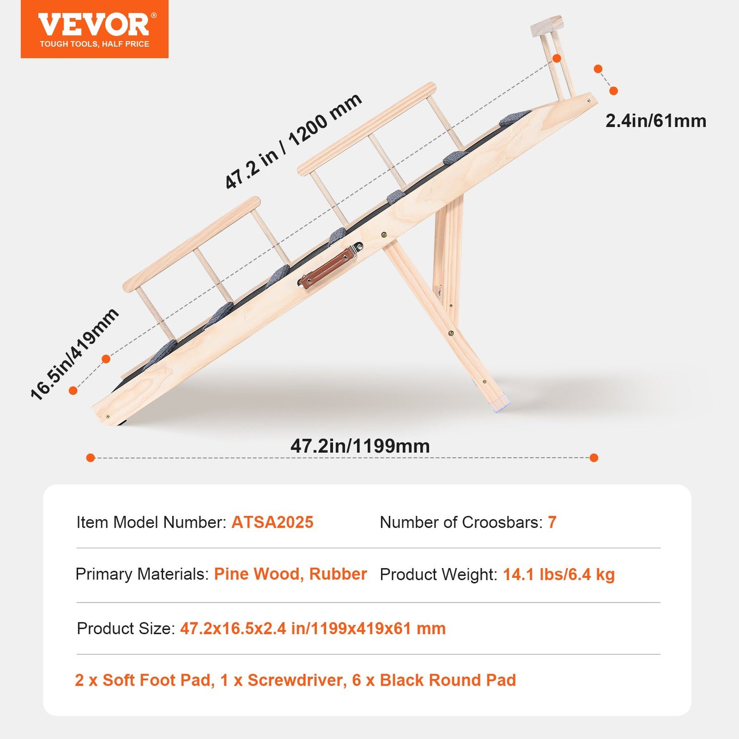 Dog Ramp, Folding Pet Ramp for Bed, Adjustable Dog Ramp for Small, Large, Old Dogs & Cats, Wooden Pet Ramp with 47.2" Long Ramp, Adjustable from 13.8" to 27.6", Suitable for Couch, Sofa, Car