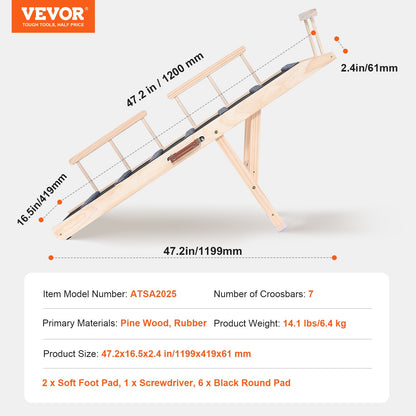 Dog Ramp, Folding Pet Ramp for Bed, Adjustable Dog Ramp for Small, Large, Old Dogs & Cats, Wooden Pet Ramp with 47.2" Long Ramp, Adjustable from 13.8" to 27.6", Suitable for Couch, Sofa, Car