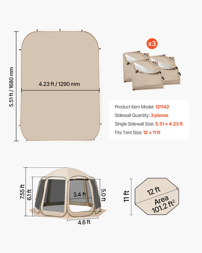 Sun Shade Sail Canopy Covers, Fit for 12 x 11 ft Screen House Tent, Sun Protection, 5.51 x 4.59 ft 300D Oxford Silver-Coated Fabric, Pack of 3 (Not Include Tent), for Outdoor Activities, Beige