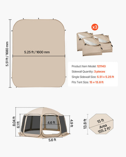 Sun Shade Sail Canopy Covers, Fit for 15 x 13.8 ft Screen House Tent, Sun Protection, 5.51 x 5.25 ft 300D Oxford Silver-Coated Fabric, Pack of 3 (Not Include Tent), for Outdoor Activities, Beige