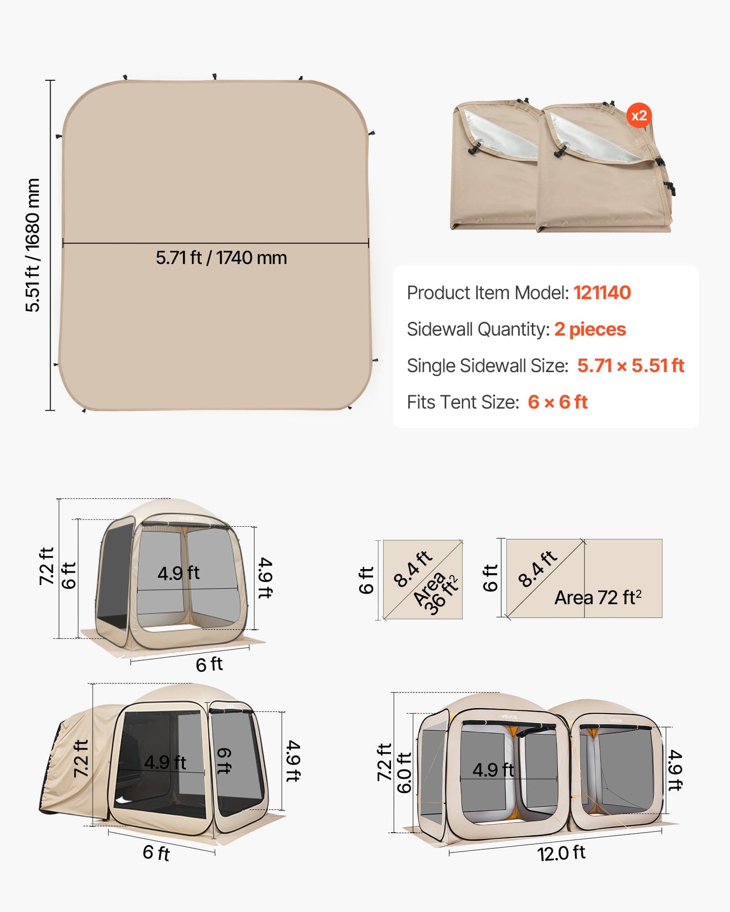 Sun Shade Sail Canopy Covers, Fit for 6 x 6 ft Screen House Tent, Sun Protection, 5.51 x 5.71 ft 300D Oxford Silver-Coated Fabric, Pack of 2 (Not Include Tent), for Outdoor Activities, Beige