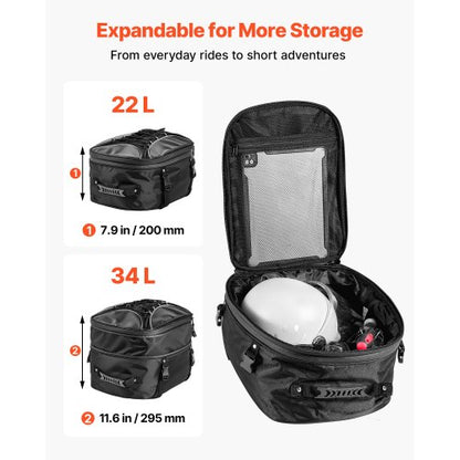 Motorcykel Baksätesväska, 22-34 L Expanderbar Motorcykel Baksätesväska med Vattentätt Regnskydd, Utomhussport Motorcykel Bagageförvaring Ryggsäck Handväska med Remmar, Ficka och Elastiskt Snöre, Svart |  EU