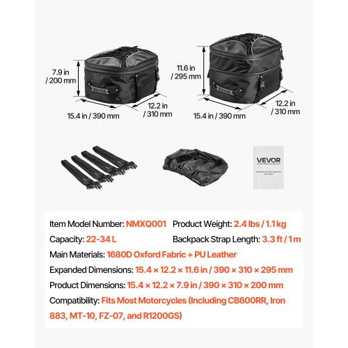 Motorcykel Baksätesväska, 22-34 L Expanderbar Motorcykel Baksätesväska med Vattentätt Regnskydd, Utomhussport Motorcykel Bagageförvaring Ryggsäck Handväska med Remmar, Ficka och Elastiskt Snöre, Svart |  EU