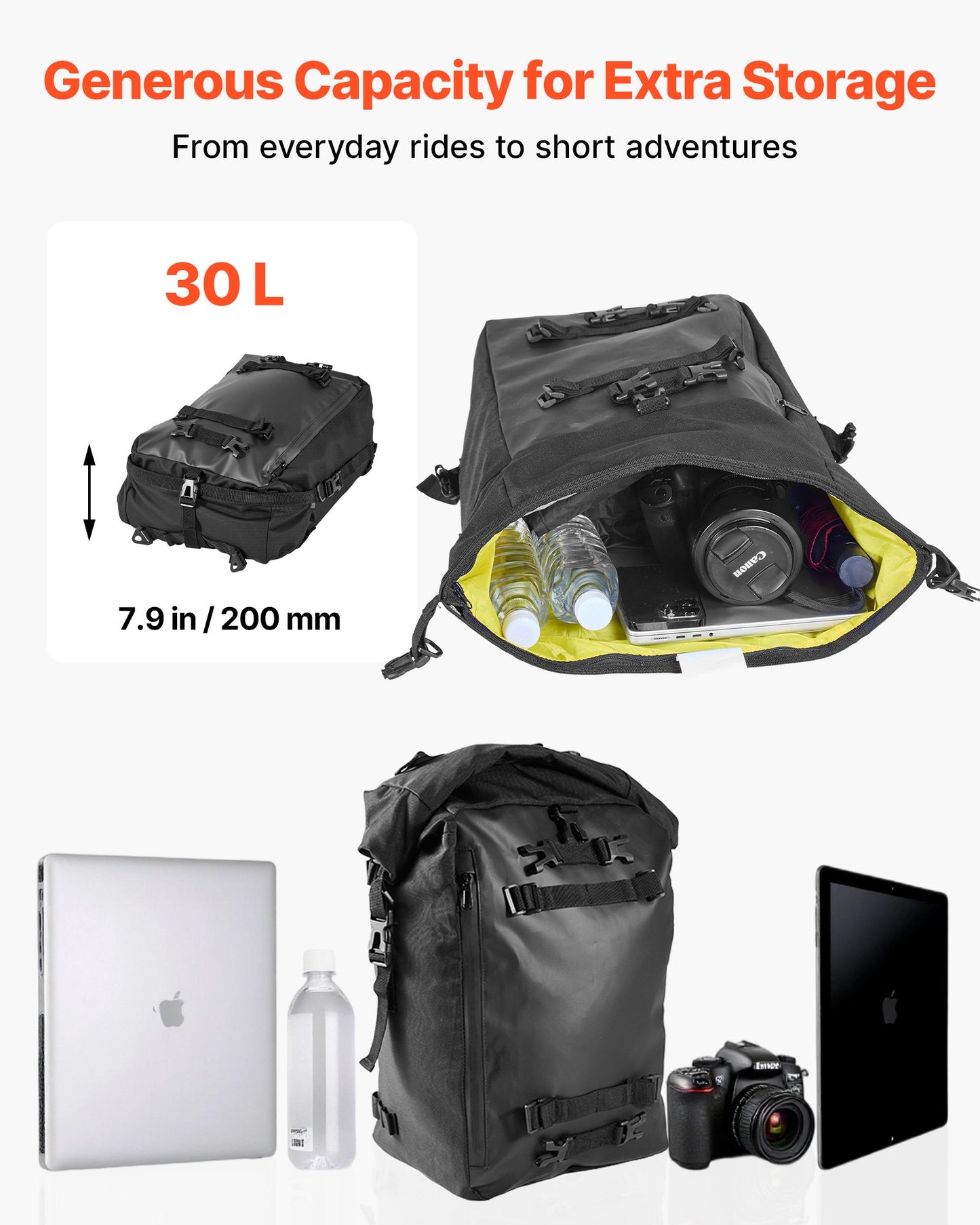 Motorcycle Tail Bag, 30 L Motorcycle Rear Seat Bag with Waterproof Rain Cover, Outdoor Sports Motorbike Luggage Storage Trunk Rack Backpack with Shoulder Straps, Universal Fit Rear Racks, Black