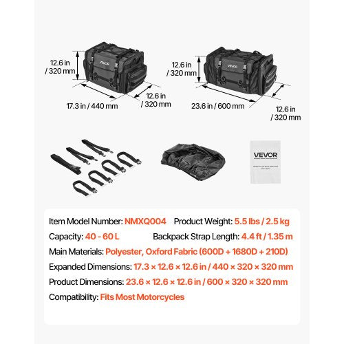Motorcykel Baksätesväska, 40-60 L Expanderbar Motorcykel Baksätesväska med Vattentätt Regnskydd, Hopfällbar Utomhussport Motorcykel Bagageförvaring med Axelremmar, Ficka och Elastiskt Snöre, Svart |  EU