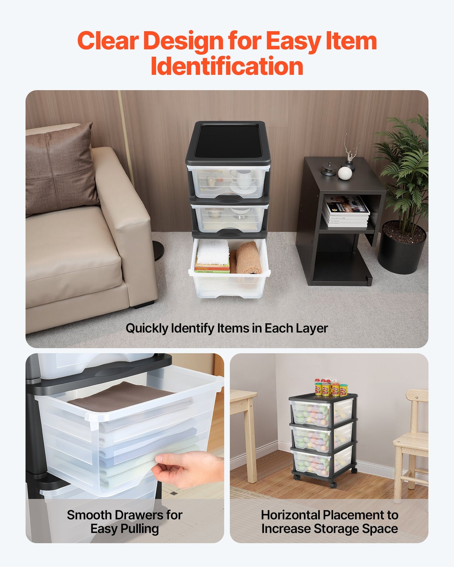 Plastic Storage Drawers Cart, 3 Drawers Storage Organizer with Wheels, Rolling Closet Organization and Storage Dividers, Dresser Organizer Clear Bins for Office Supplies, Craft Rooms, Classrooms