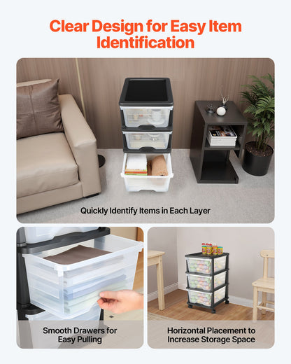 Plastic Storage Drawers Cart, 3 Drawers Storage Organizer with Wheels, Rolling Closet Organization and Storage Dividers, Dresser Organizer Clear Bins for Office Supplies, Craft Rooms, Classrooms