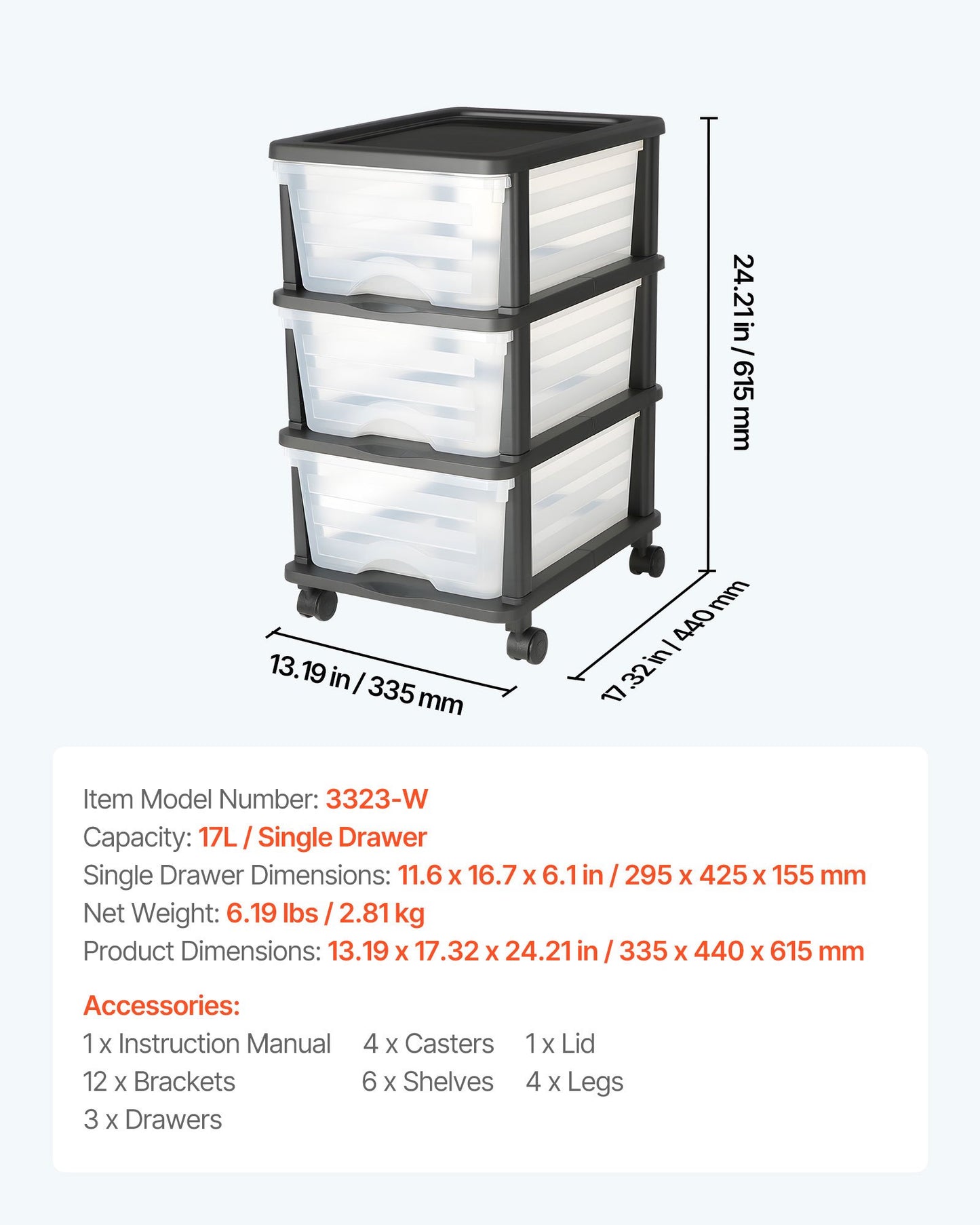 Plastic Storage Drawers Cart, 3 Drawers Storage Organizer with Wheels, Rolling Closet Organization and Storage Dividers, Dresser Organizer Clear Bins for Office Supplies, Craft Rooms, Classrooms