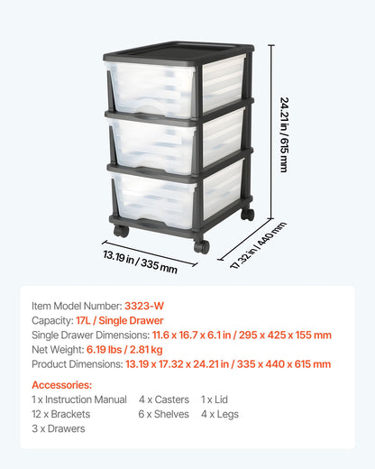 Plastic Storage Drawers Cart, 3 Drawers Storage Organizer with Wheels, Rolling Closet Organization and Storage Dividers, Dresser Organizer Clear Bins for Office Supplies, Craft Rooms, Classrooms