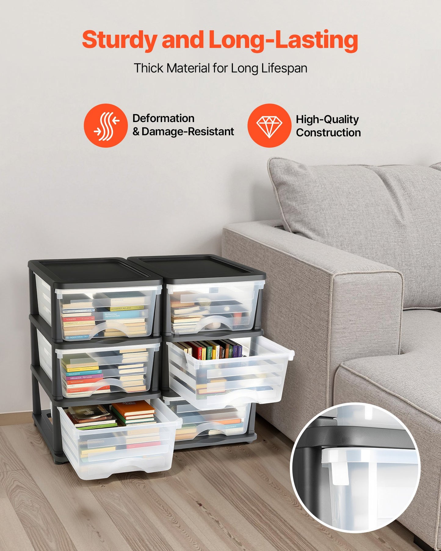 Plastic Storage Drawers, 2 Pack Storage Organizer Drawer, 6 Drawers Closet Organization and Storage Dividers, Dresser Organizer Clear Bins for Office Supplies, Craft Rooms, Classrooms and Home