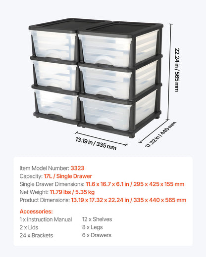Plastic Storage Drawers, 2 Pack Storage Organizer Drawer, 6 Drawers Closet Organization and Storage Dividers, Dresser Organizer Clear Bins for Office Supplies, Craft Rooms, Classrooms and Home