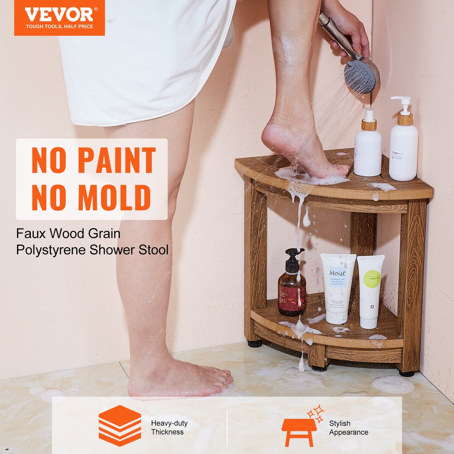 Corner Shower Bench, 16.5" Height 12.8" Radius, Faux Wood Grain Polystyrene, 350 LBS with Storage Shelf, Water Resistant, Shower Stool for Inside & Outside Shower, for Bathroom, Living Room