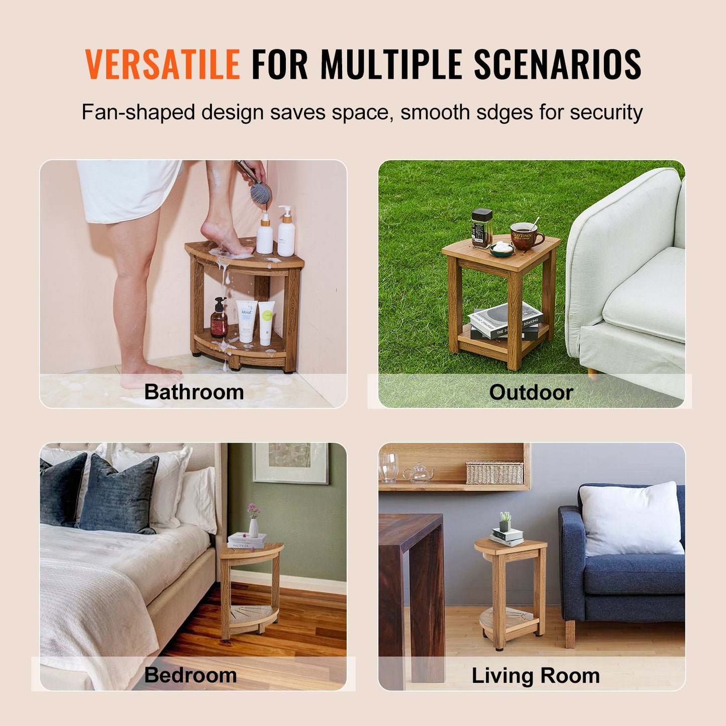 Corner Shower Bench, 16.5" Height 12.8" Radius, Faux Wood Grain Polystyrene, 350 LBS with Storage Shelf, Water Resistant, Shower Stool for Inside & Outside Shower, for Bathroom, Living Room