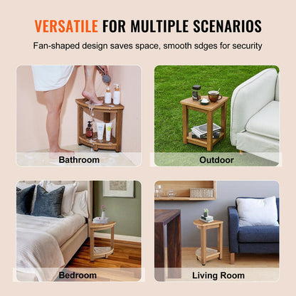 Corner Shower Bench, 16.5" Height 12.8" Radius, Faux Wood Grain Polystyrene, 350 LBS with Storage Shelf, Water Resistant, Shower Stool for Inside & Outside Shower, for Bathroom, Living Room