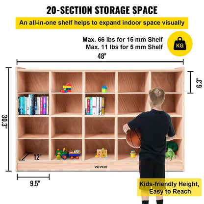 Cubby Mobile Tray Storage Cabinet, 20-Compartment Cubby Storage Shelf, Cubby Storage Cabinet 4 x 5, Classroom Cubbies, Classroom Furniture for Home, Daycare and Preschool, Natural