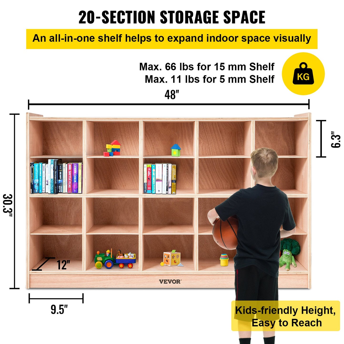 Cubby Mobile Tray Storage Cabinet, 20-Compartment Cubby Storage Shelf, Cubby Storage Cabinet 4 x 5, Classroom Cubbies, Classroom Furniture for Home, Daycare and Preschool, Natural