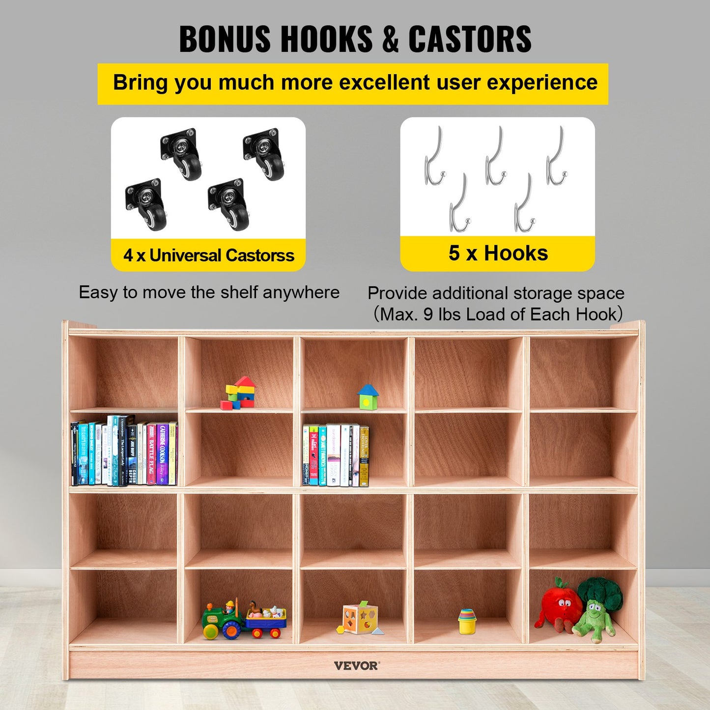 Cubby Mobile Tray Storage Cabinet, 20-Compartment Cubby Storage Shelf, Cubby Storage Cabinet 4 x 5, Classroom Cubbies, Classroom Furniture for Home, Daycare and Preschool, Natural