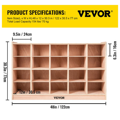 Cubby Mobile Tray Storage Cabinet, 20-Compartment Cubby Storage Shelf, Cubby Storage Cabinet 4 x 5, Classroom Cubbies, Classroom Furniture for Home, Daycare and Preschool, Natural