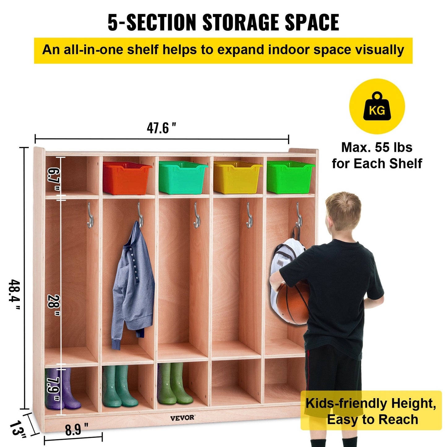 Coat Locker, 5-Section Daycare Cubby Coat Rack 48×13×48 inch, Classroom Coat Locker and Backpack Hanger, with 5 Hooks and Storage Boxes, for Kindergarten & School, Natural