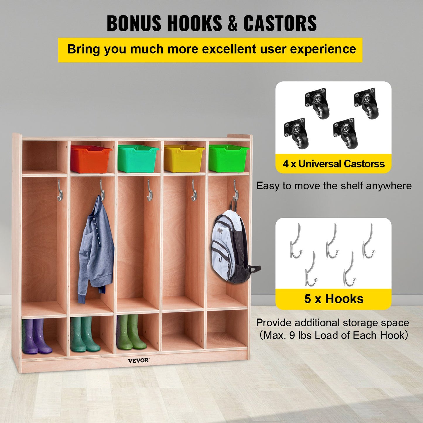 Coat Locker, 5-Section Daycare Cubby Coat Rack 48×13×48 inch, Classroom Coat Locker and Backpack Hanger, with 5 Hooks and Storage Boxes, for Kindergarten & School, Natural