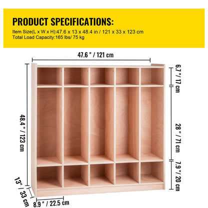 Coat Locker, 5-Section Daycare Cubby Coat Rack 48×13×48 inch, Classroom Coat Locker and Backpack Hanger, with 5 Hooks and Storage Boxes, for Kindergarten & School, Natural