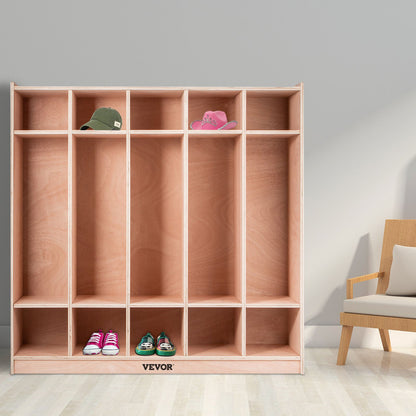 Coat Locker, 5-Section Daycare Cubby Coat Rack 48×13×48 inch, Classroom Coat Locker and Backpack Hanger, with 5 Hooks and Storage Boxes, for Kindergarten & School, Natural
