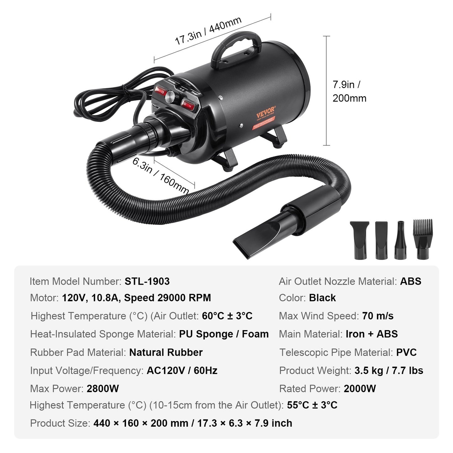 Dog Dryer, 2800W/4.3HP Dog Blow Dryer, Pet Grooming Dryer with Adjustable Speed and Temperature Control, Pet Hair Dryer with 4 Nozzles and Extendable Hose, Black