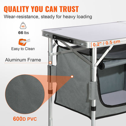Camping Kitchen Table, Quick set-up Folding Camping Table with A Carrying Bag, 3 Adjustable Heights, MDF Camping Table, Ideal for Outdoor Picnics, BBQs, Camping, RV Traveling