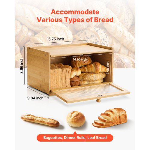 Bread Box for Kitchen Counter Large Capacity Bamboo Storage Container