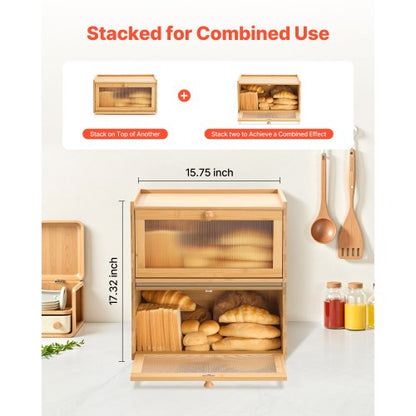 Bread Box for Kitchen Counter Large Capacity Bamboo Storage Container