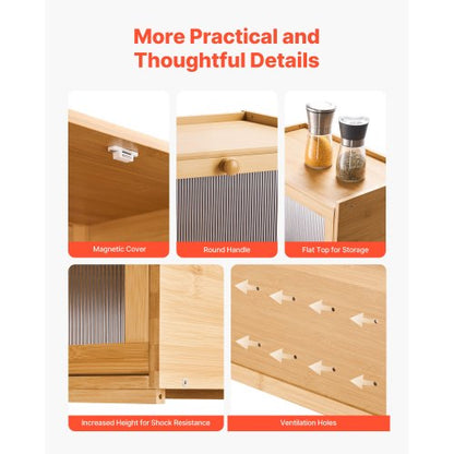 Bread Box for Kitchen Counter Large Capacity Bamboo Storage Container