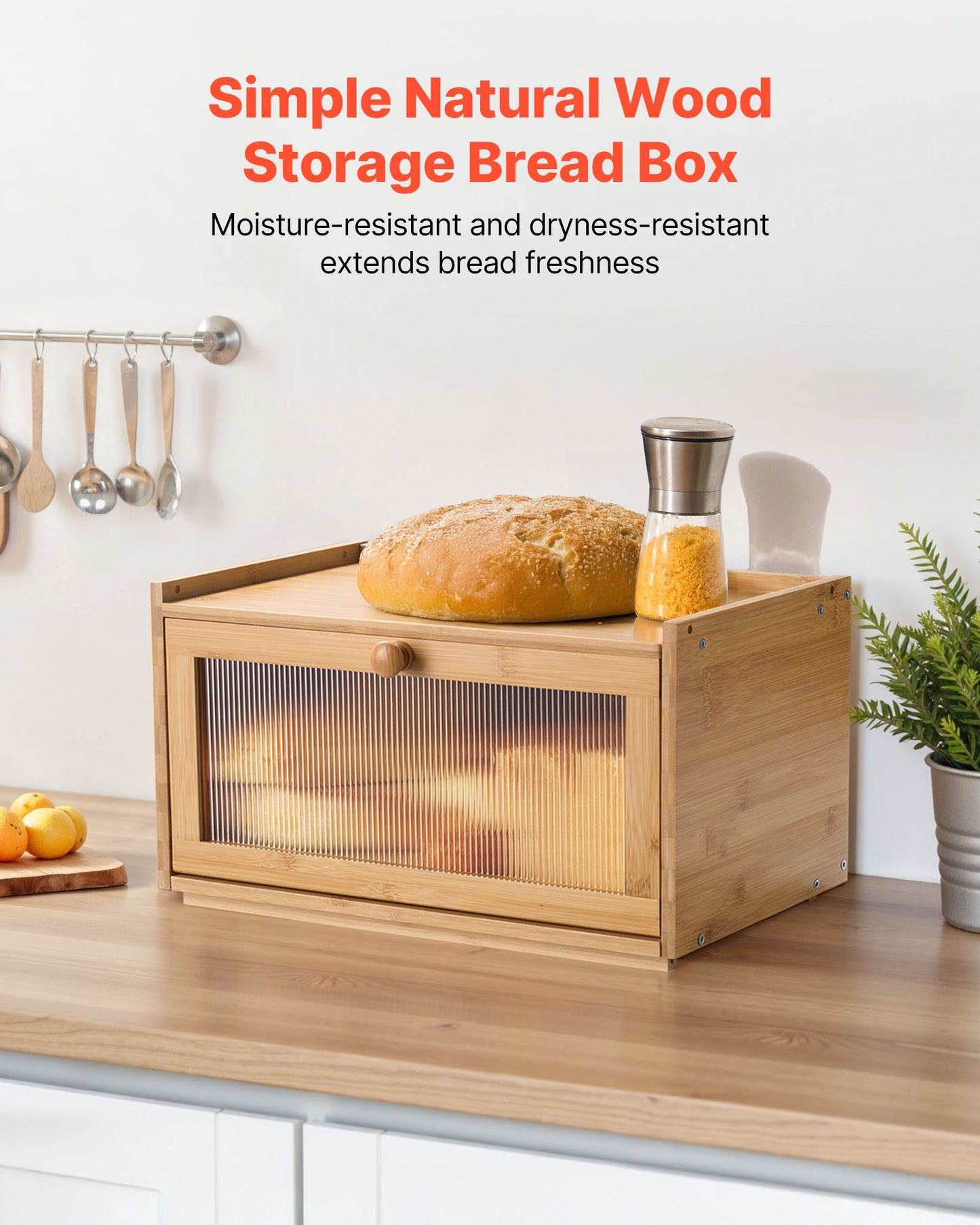 Bread Box for Kitchen Counter, Large Capacity Bamboo Bread Storage Container, Farmhouse Wooden Breadbox Organizer for Homemade Bread, Storage Holder Bin with Acrylic Wavy Door Panel, Natural