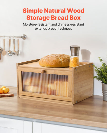 Bread Box for Kitchen Counter, Large Capacity Bamboo Bread Storage Container, Farmhouse Wooden Breadbox Organizer for Homemade Bread, Storage Holder Bin with Acrylic Wavy Door Panel, Natural